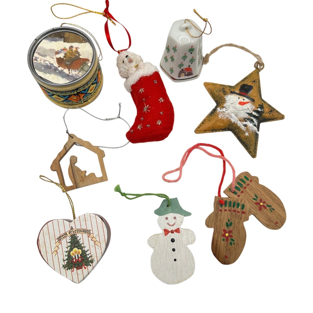 VTG 90s Cottagecore Christmas Ornaments Lot Wood Metal Porcelain Rustic 8pc